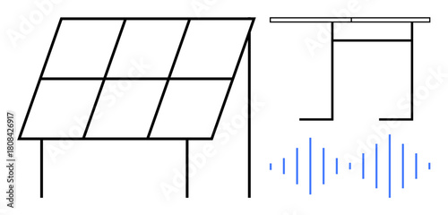 Solar panel structure alongside soundwave graphic symbolizes renewable energy, sustainability, and technological integration. Ideal for clean energy, innovation, eco-awareness, environmentalism