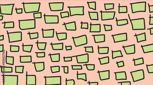Abstract peach background with scattered green geometric shapes and leaf-like tabs. Modern, playful pattern ideal for design, textiles, or editorial use.