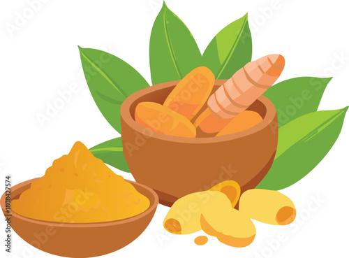 Fresh turmeric root slices and powder with green leaves in a bowl