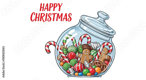 A delightful jar of Christmas treats filled with gingerbread men, candy canes, and colorful sweets for a festive season
