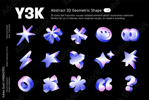 Abstract 3D Y3K Geometric Shape Icons Set, 15 Icons Set Futuristic visuals isolated element vector illustration collection Perfect for sci-fi themes, tech-inspired visuals, or modern branding 