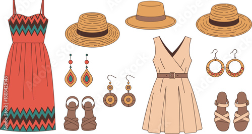 Boho chic summer fashion set featuring red and beige dresses, straw hats, ethnic earrings and sandals isolated on white background for stylish vacation wardrobe.