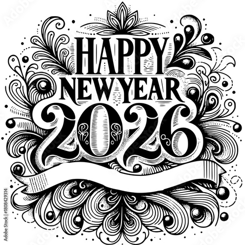 New Year 2026 Celebration Design: An artistic illustration for the New Year, full of festive spirit and a timeless appeal to commemorate the arrival of 2026. This intricate design.