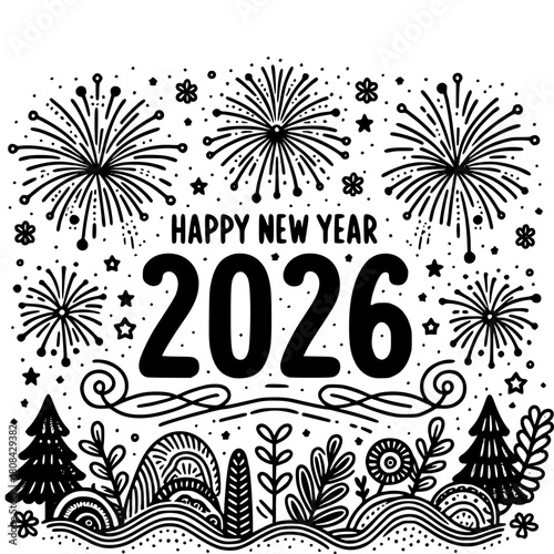 New Year's Eve Celebration 2026: An intricately designed illustration embodies the joyous spirit of New Year's Eve 2026, complete with celebratory fireworks, whimsical flora.