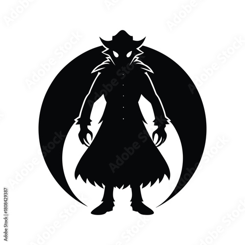 Mysterious winged demon figure with glowing gaze isolated icon isolated on white background