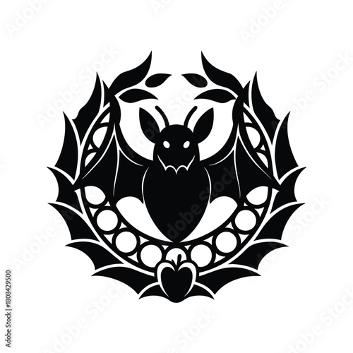 Stylized bat graphic in ornate gothic circular frame design. isolated on white background