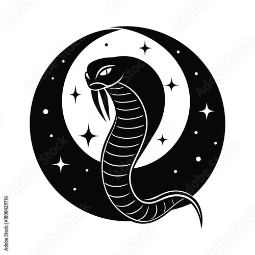 Mystical cobra snake with crescent moon and stars occult illustration isolated on white background