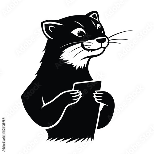 Cartoon weasel character holding document with curious expression isolated on white background