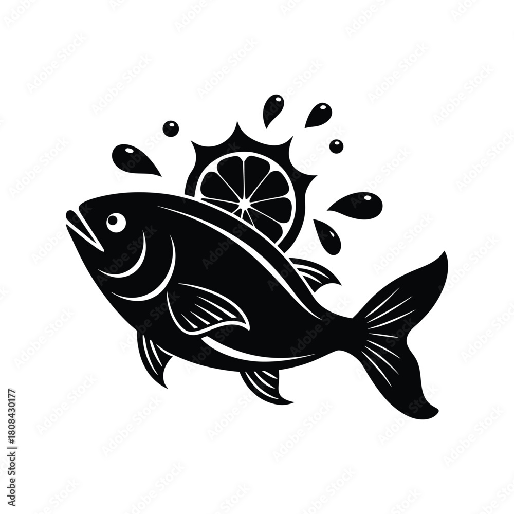 Fototapeta premium Stylized fish, lemon slice, and water splash graphic icon design isolated on white background