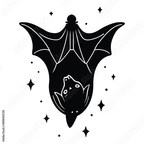 Cute black cartoon bat hanging upside down surrounded by stars isolated on white background
