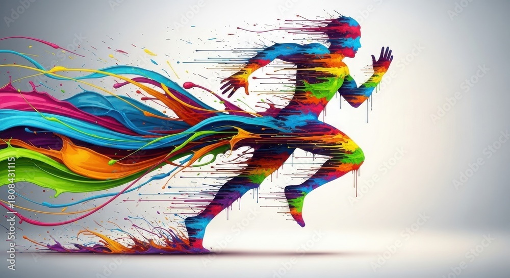 Fototapeta premium Dynamic Colorful Paint Splash Running Man Abstract Illustration of Speed and Energy isolated on Transparent Background