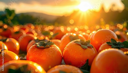 A field of ripe persimmons glistening with water droplets, bathed in the warm golden light of a setting sun.