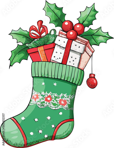 Festive green christmas stocking with gifts holly and a red ornament high quality
