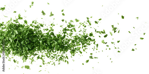 Chopped dried coriander leaves scattered in air isolated on a transparent background