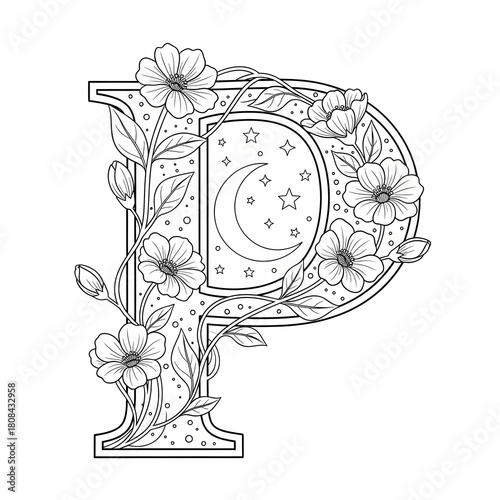 Floral letter P coloring page. Elegant whimsical alphabet illustration. Beautiful flowers, moon, stars, and vines decorate a mystical night-themed initial P. Coloring book for adults