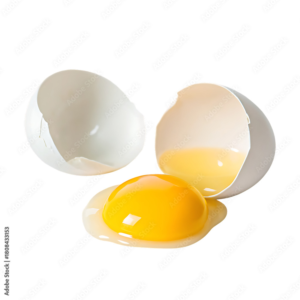Fototapeta premium Cracked egg yolk and white with shell pieces isolated on a transparent background