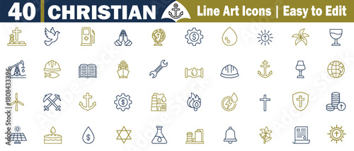40 Christian Line Art Icons: Religious Symbol, Church, Belief, Scripture, Faith, Hope, Charity, and Spirituality Vector Illustration.