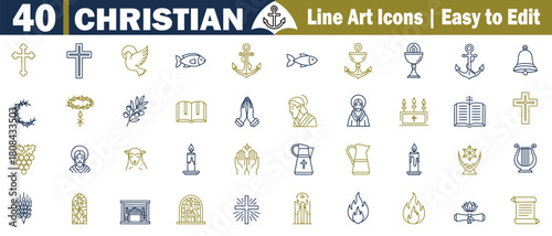 40 Christian Icons: Religious Symbol, Church, Belief, Scripture, Faith, Hope, Charity, and Spirituality Line Art Vector Illustration.