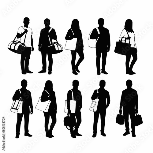 Silhouettes of diverse people carrying various bags and luggage.