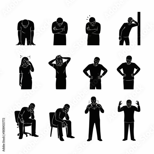 Collection of human silhouettes expressing negative emotions and stress.