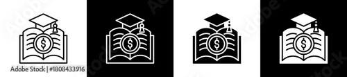 Education Cost icon set in line and glyph style on black and white background