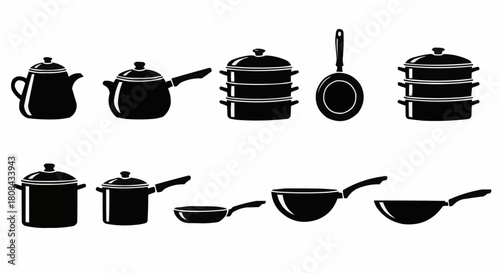 Set of black silhouette kitchen cookware and utensils.