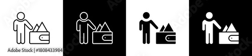 Purchasing Power icon set in line and glyph style on black and white background