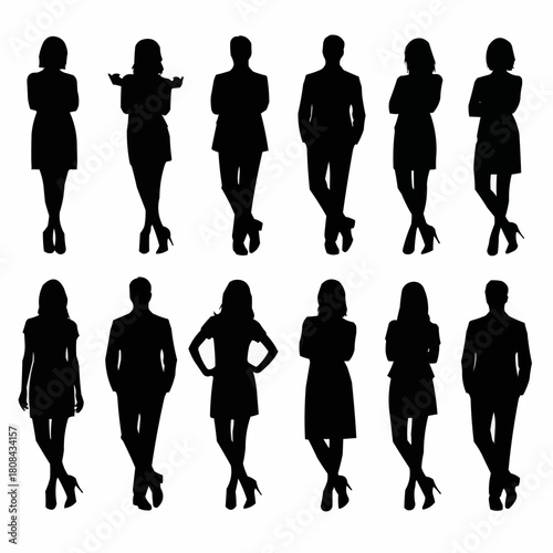 Diverse group of business people silhouettes standing in various poses.