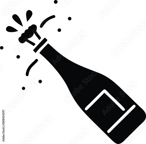 A black silhouette illustration of an opened champagne bottle with celebratory sparks