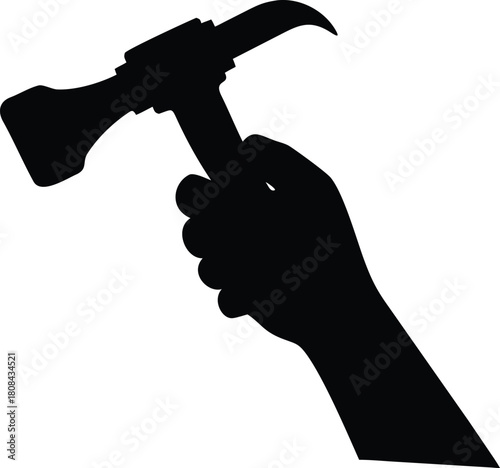 A silhouetted hand firmly gripping a claw hammer tool in black and
