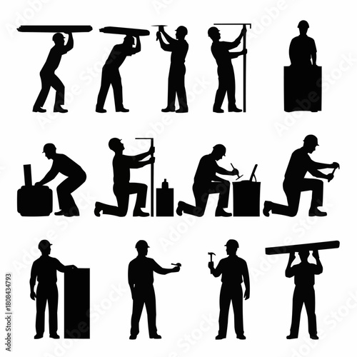 Set of Construction Worker Silhouettes in Various Poses.