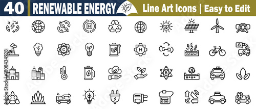 Renewable Energy Icons Vector Set. Collection Simple Line Art Pictogram Green, Technology, Alternative, Sources, Power, Ecological, Industry, Sustainable, Solution, Environment vector illustration. 