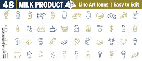 Set of 48 Milk Product Line Art Icons. Dairy Delights and Nutritious Goodness, Easy to Edit Design Elements. Creamy Collection Vector Illustration Template, Isolated elements. 