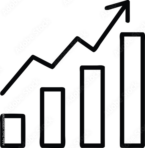 Black line art bar chart with upward trending arrow on white background