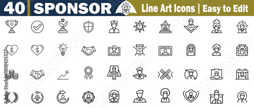 Sponsor Icons Vector Set. Collection Simple Line Art Pictogram, Support, Funding, Patronage, Contribution, Assistance, Aid, Financial, Grant, Investor, Donor, Supporter, Bounty illustration. 