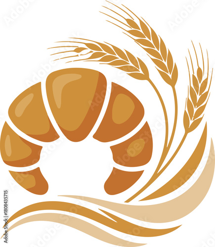 Golden croissant with wheat stalks and swirling dough elements