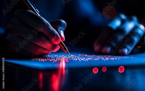 Close-up of a hand writing with a pen on paper under dramatic blue and red lighting, highlighting the texture and reflective surface.