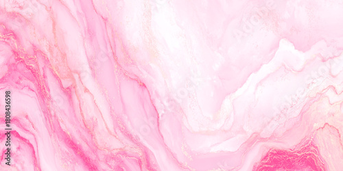 Pink and magenta alcohol ink abstract background with elegant rose gold glitter veins and fluid marble texture use for wedding stationery, beauty product packaging.