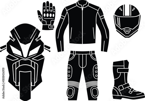 Collection of black sportbike gear icons, including helmet, jacket, pants, boot, and motorcycle front view, vector illustration isolated for racing design.