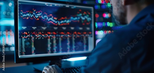 A person analyzes colorful stock market charts and data on a computer screen in a dimly lit, high-tech trading environment.