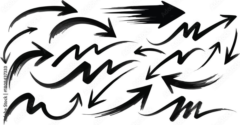 Fototapeta premium Set of black brush stroke arrows pointing in various directions, artistic design, isolated on white background
