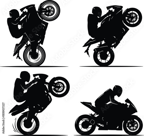 Collection of motorcycle stunt silhouettes, riders performing dangerous wheelies and speed riding, vector illustration set for motor sport design elements.