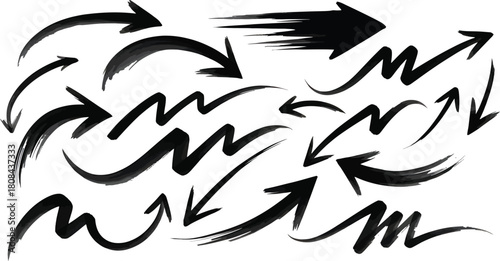 Set of black brush stroke arrows pointing in various directions, artistic design, isolated on white background