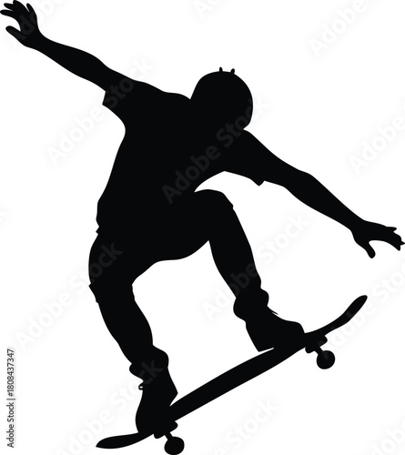 A black silhouette of a person dynamically skateboarding in mid air motion