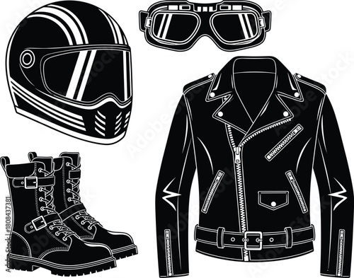 Collection of retro black biker gear silhouettes, including vintage helmet, leather jacket, boots, and goggles, vector illustration set for classic motorcycle design art.