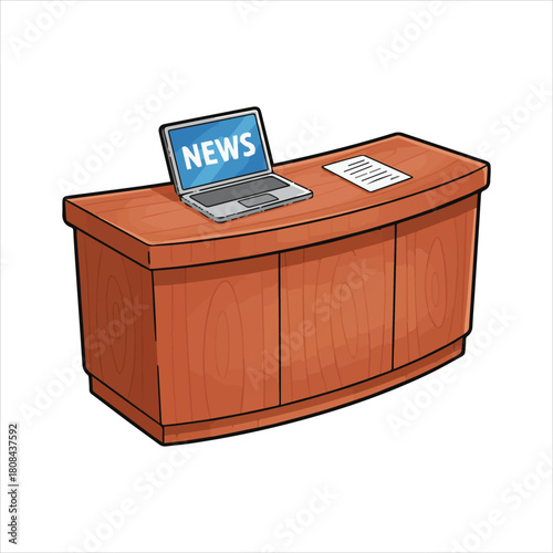 Cartoon news desk with laptop showing "news" and blank document Art & Illustration