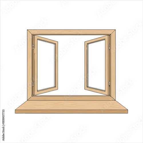 Open wooden window frame and sill isolated on white background Art & Illustration