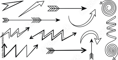 Handdrawn doodle arrow elements set with various styles including straight, zigzag, curved, and spiral