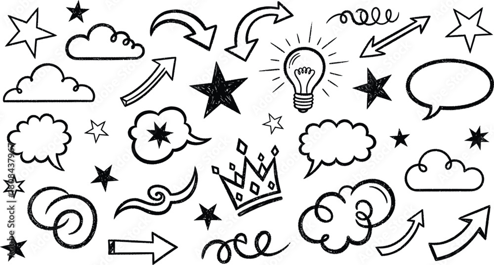 Fototapeta premium Diverse hand drawn doodle elements set with stars, clouds, arrows, lightbulb, and crown isolated on white background