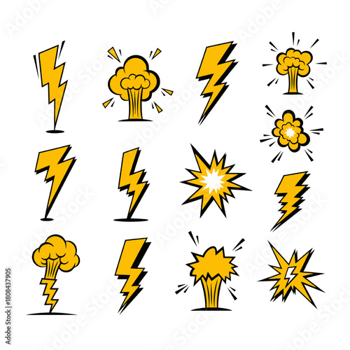 Set of Comic Style Lightning, Explosion, and Smoke Effects